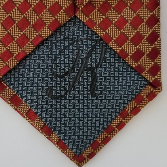 RAPHAELA PARIS NY 100% SILK TIE RED GOLD CHECK HAND MADE 4" - Picture 4 of 6